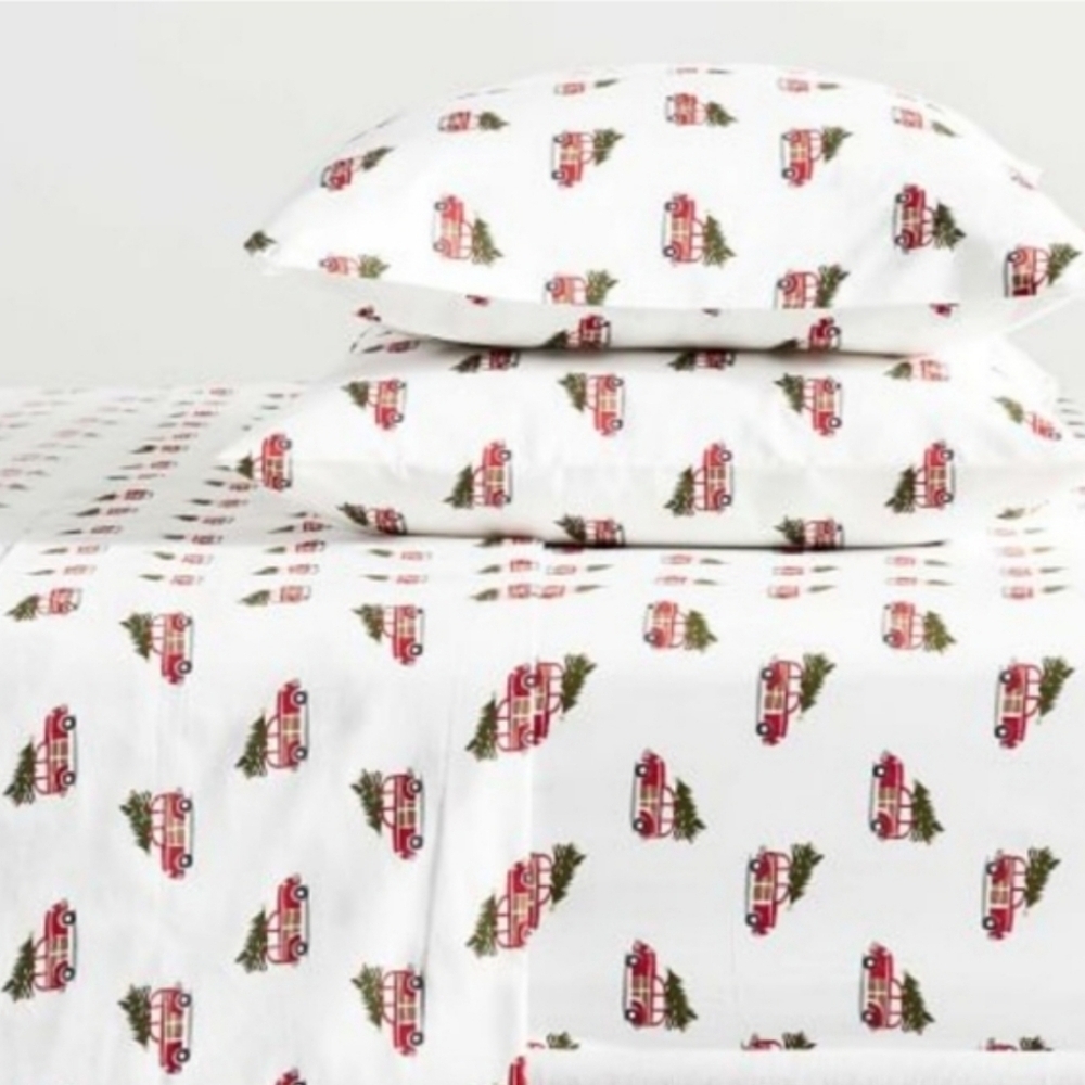 Pottery Barn Woody Car Cotton XL Twin Sheet Set Christmas Holiday